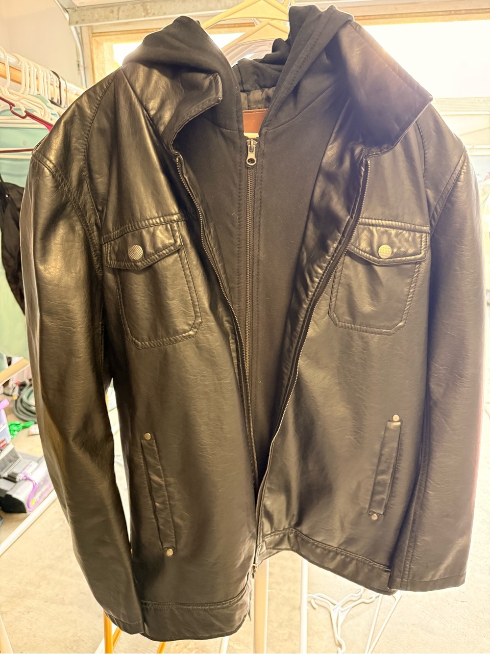 Cavalini Black Faux Leather Bomber Jacket with Hooded Insert